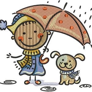 Boy and dog under rain embroidery design