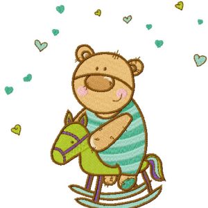 Baby bear riding horse embroidery design