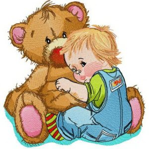 Baby boy with huge teddy bear embroidery design