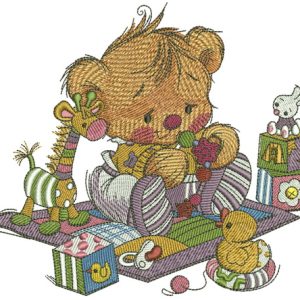 Baby teddy bear with toys embroidery design