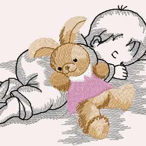 Sleeping baby with bunny toy embroidery design