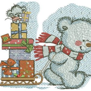 Bear in a warm striped scarf embroidery design