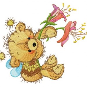Bear in bee costume with flowers embroidery design