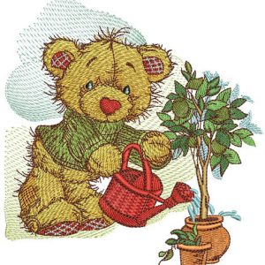 Bear watering lemon embroidery design