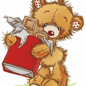Bear with chocolate bar embroidery design
