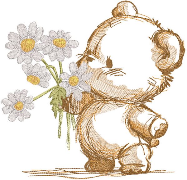 Bear with daisies sketch embroidery design