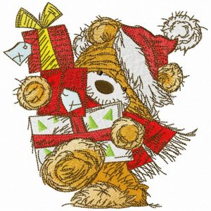 Bear with New Year presents embroidery design