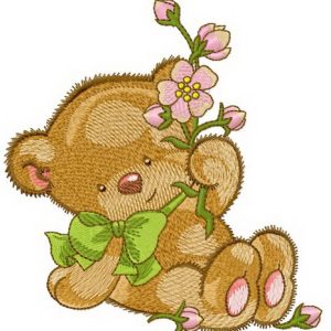 Bear with pink flower embroidery design
