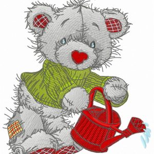 Bear with red watering can embroidery design