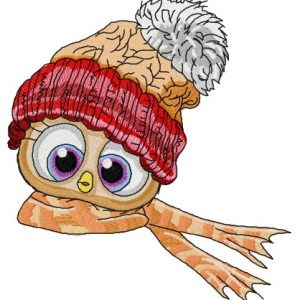 Bird in knitted hat and scarf embroidery design