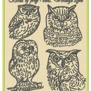 Birds of prey - owls. Vintage style embroidery design