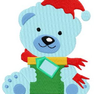 Blue bear with gift embroidery design