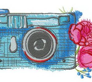 Blue camera and roses embroidery design