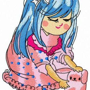 Bluehaired girl with pink bunny embroidery design