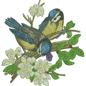 Blue tits on apple tree embroidery design