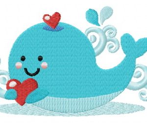 Blue whale with heart embroidery design