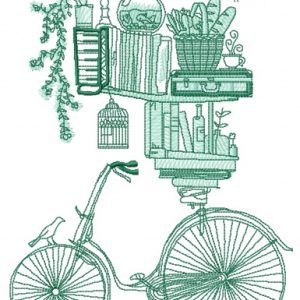 Book shelves and bike sketch embroidery design