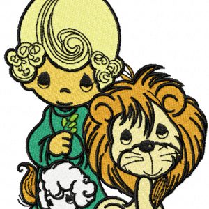 Boy with a lamb and a lion embroidery design