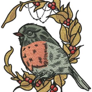 Bullfinch and autumn leaves embroidery design