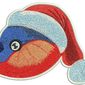 Bullfinch in santa hat embroidery design