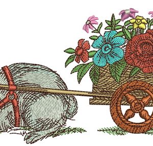 Bunny and cart with flowers embroidery design