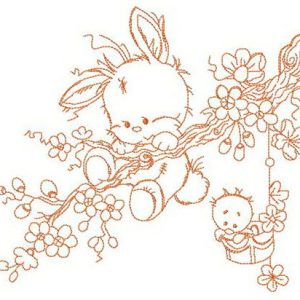Bunny hanging on tree branch embroidery design