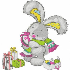Bunny opens gifts embroidery design
