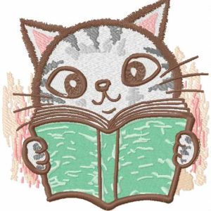 Cat reading blue book embroidery design