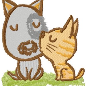 Kitten kissing puppy embroidery design