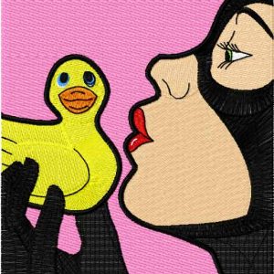 Catwoman kissing the rubber duck embroidery design