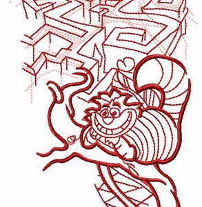 Cheshire cat near labyrinth embroidery design