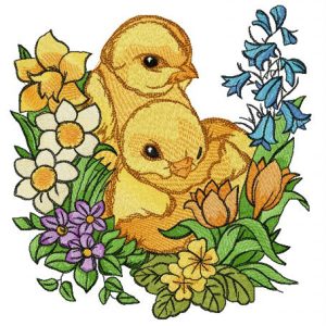 Chickens and garden flowers embroidery design