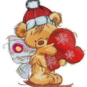 Christmas bear fairy with heart pillow embroidery design