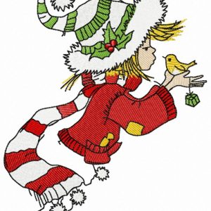 Christmas elf sings with bird embroidery design
