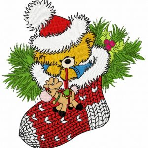 Christmas teddy with toy deer embroidery design