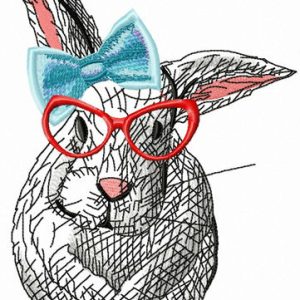 Clever rabbit with blue bow embroidery design