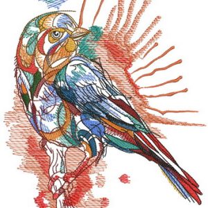 Colorful sparrow on tree branch embroidery design