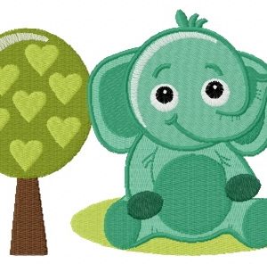 Cute elephant near tree embroidery design