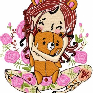 Cute girl and teddy bear embroidery design