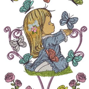 Cute girl playing with butterflies 2 embroidery design