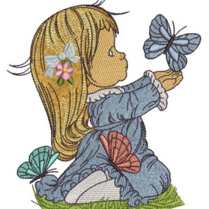 Cute girl playing with butterflies 3 embroidery design