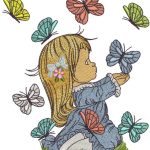 Cute girl playing with butterflies embroidery design