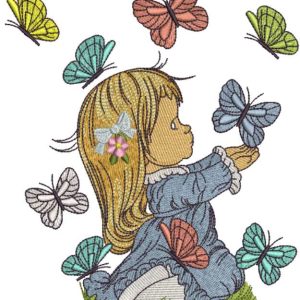 Cute girl playing with butterflies embroidery design