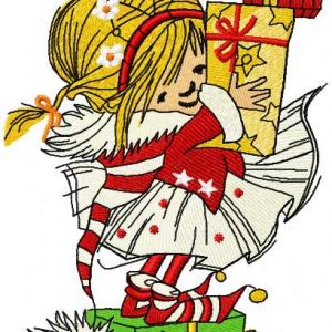 Cute girl with Christmas gifts embroidery design