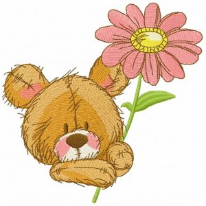 Cute teddy bear with pyrethrum 2 embroidery design