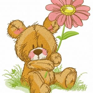 Cute teddy bear with pyrethrum embroidery design
