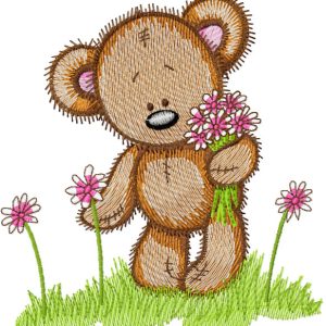 Cute Teddy collect flowers embroidery design