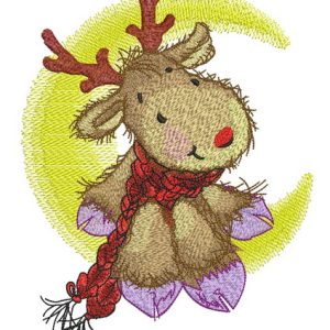 Deer in red knitted scarf on moon embroidery design