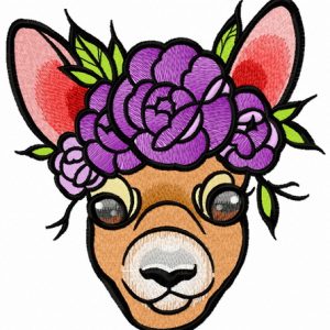 Deer with wreath of purple flowers embroidery design