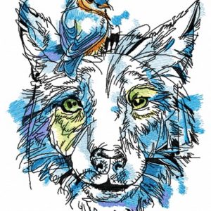 Dog with goldfinch on head embroidery design